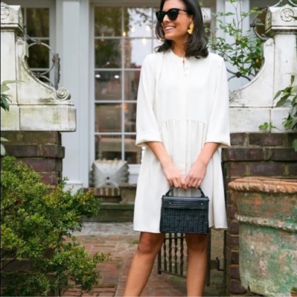 Tuckernuck Royal White Shirt Dress 3/4 Sleeve Crew Neck Mini